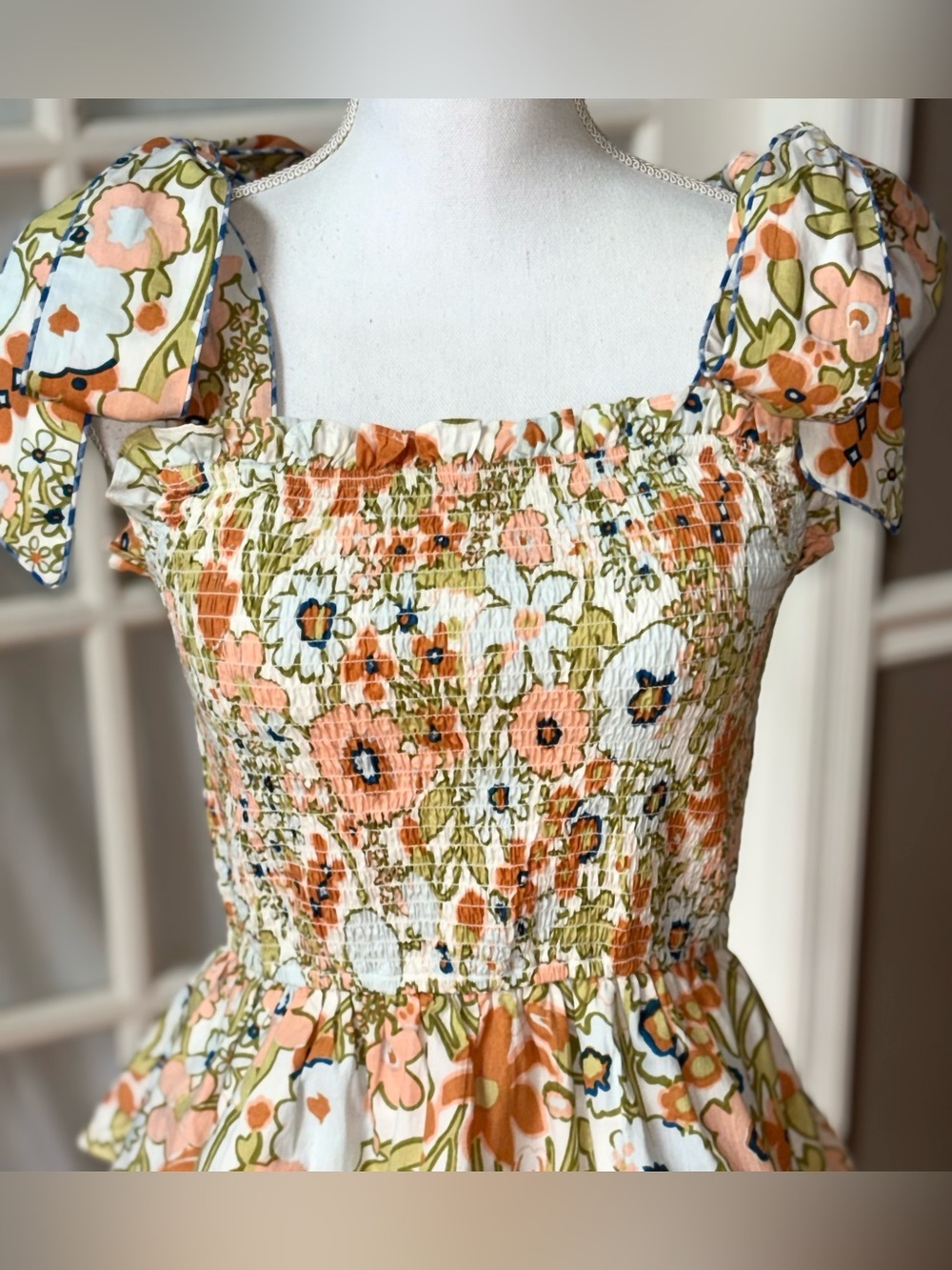 Cleobella Floral Smocked Tie Shoulder Tiered Organic Cotton Mini Dress M - Picture 4 of 11